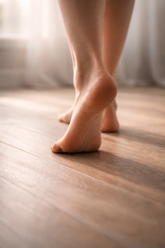 Bare feet walking on a wooden floor with soft backlight from a window