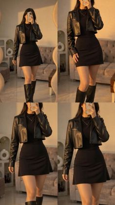 Woman in a black leather jacket and mini skirt posing indoors