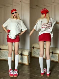 Blonde woman in a red bandana and mini skirt posing indoors