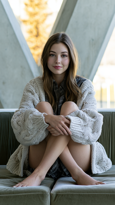 Woman with long hair wearing a chunky knit cardigan and plaid shirt, sitting indoors