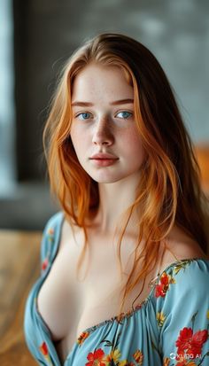 Woman with red hair and freckles wearing a floral dress with cleavage