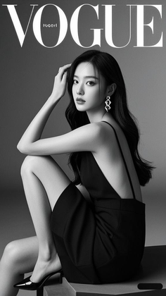 Woman in a black dress with a deep V neck and exposed back in a studio shot