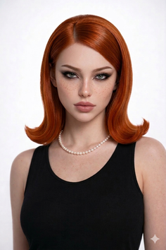Woman with red bob hair, freckles, and a pearl necklace wearing a black tank top