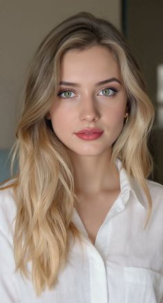 Woman with blonde hair and green eyes wearing a white shirt