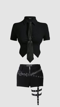 Black gothic-style top with a tie and shorts with a thigh harness