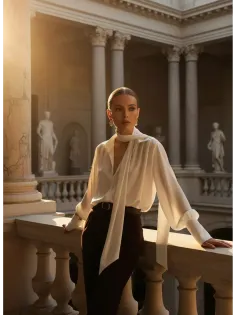Woman in a white blouse with a high neck scarf in a classical building