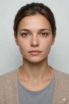Woman with brown hair and natural makeup in a beige cardigan