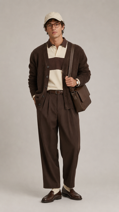 Man in a brown cardigan, polo shirt, and brown pants with a shoulder bag