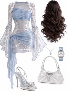 A light blue and white lace dress with matching accessories on a white background