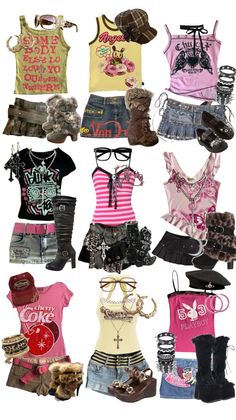 Collage of Y2K fashion outfits and accessories on a white background