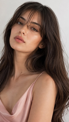 Woman with long dark hair and bangs wearing a pink top, looking at the camera