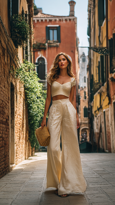 Woman in a crop top and wide leg pants walking down a narrow street