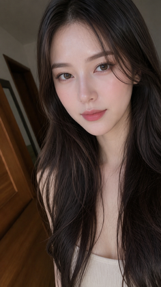 Woman with long dark hair in a soft-lit indoor portrait
