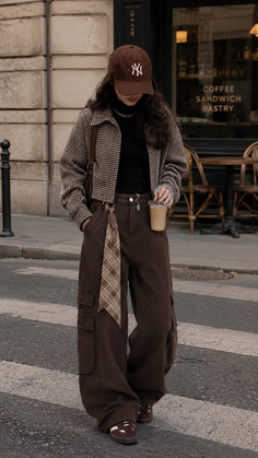 Person in a brown baseball cap and plaid jacket on a street