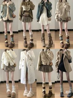 Eight different winter outfits featuring skirts, jackets, and leg warmers