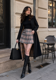 Woman in a long black coat and plaid skirt standing on a street
