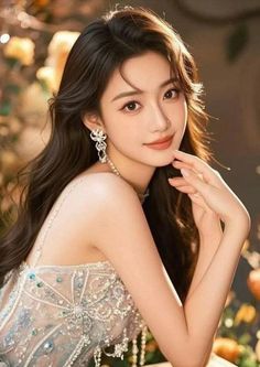 Woman with long hair wearing a sparkling dress and earrings