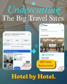 Mobile app screenshots comparing hotel prices with text overlay and arrows