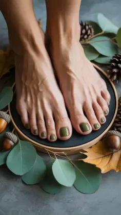 Feet with green nail polish surrounded by autumn-themed decorations