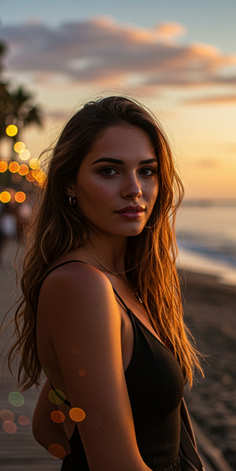 Woman with long hair in a black top at the beach during golden hour