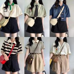 Six different casual outfits featuring polo shirts, skirts, and shorts