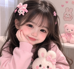 Young girl with long hair and pink sweater holding a plush toy