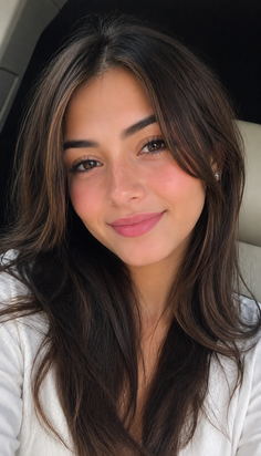 Woman with long brown hair and natural makeup smiling at the camera
