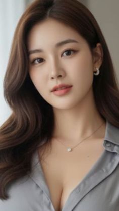 Woman with long brown hair wearing a gray shirt and jewelry