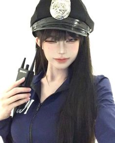 Anime style character in a police uniform winking and holding a walkie talkie