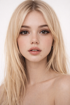 Blonde woman with long hair and bare shoulders looking directly at the viewer