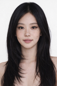 Woman with long black hair and freckles, bare shoulders, against a white background