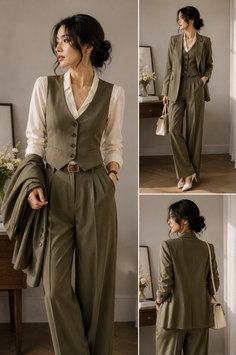 Woman in an olive green three-piece suit with a white shirt indoors