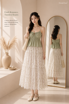 Woman in a green top and floral skirt posing indoors with a mirror reflection