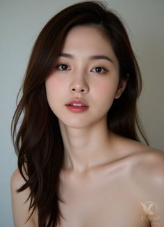 Woman with long brown hair and exposed shoulders looking directly at the viewer
