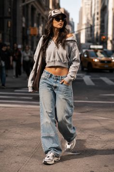 Woman in a crop top hoodie and baggy jeans walking on a city street