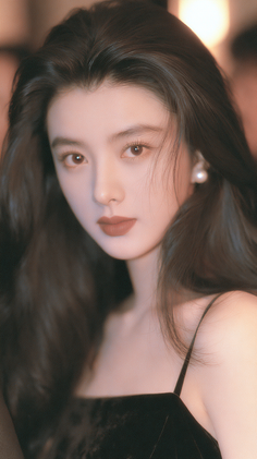 Woman with long black hair and pearl earrings in a black dress