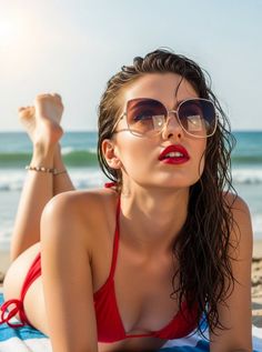 Woman in a red bikini and sunglasses lying on a beach