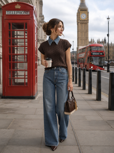 Woman in a cable knit top and wide leg jeans walking on a street in London