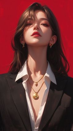 Woman with long hair and red lipstick wearing a black blazer and gold jewelry