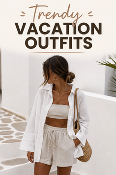 Woman in a linen shirt, bandeau top, and shorts with a straw bag outdoors