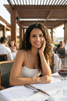 Woman with curly hair smiling at an outdoor restaurant