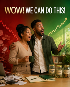 Two people looking surprised at financial trends with money jars on a desk