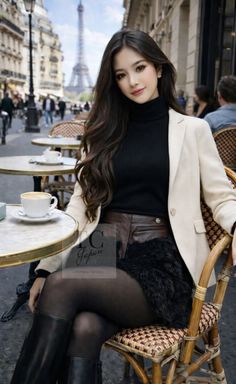 Woman with long dark hair at an outdoor cafe with the Eiffel Tower in the background