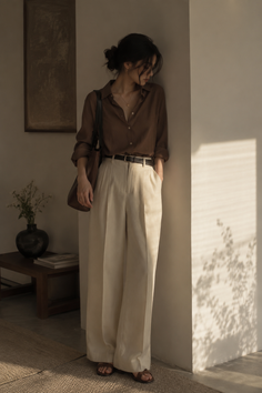 Woman in a brown shirt and wide leg pants standing indoors with soft lighting