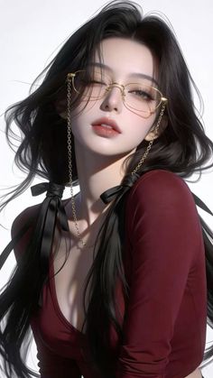 Illustration of a woman with long black hair in pigtails and glasses