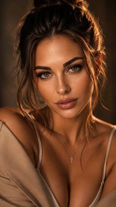 Woman with a messy bun and green eyes, wearing a cross necklace