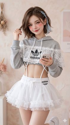 Anime style girl with short hair and blue braid wearing a cropped hoodie and tutu skirt