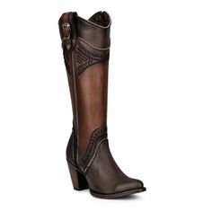 Brown leather knee-high cowboy boot with decorative stitching and silver studs