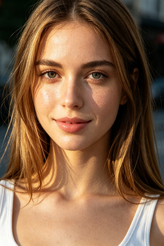 Woman with long blonde hair and freckles in a white tank top during golden hour