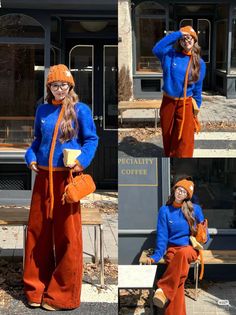 Woman in a blue sweater and orange corduroy pants posing outdoors